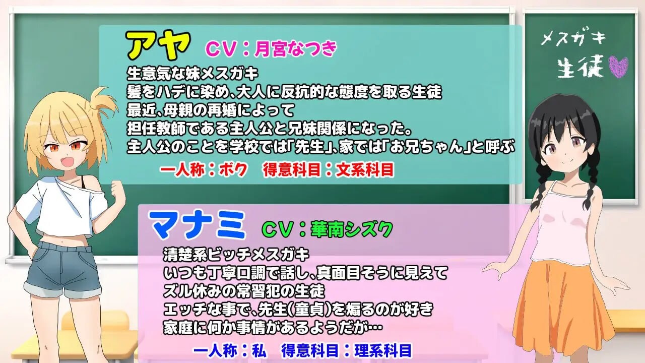 雌小鬼课堂！ メスガキ授業！ v2.00 分类：淫语 少女 萝 年下攻 雌小鬼 亲热/甜蜜 男性自称少女/仆娘 童贞/处男 ■剧情 作为教师的主人公(你)，因为两个问题儿童的存在而烦恼。 ·态度傲慢的麻烦制造者亚也 ·看起来很认真，但不知为何逃课的真奈美 你在暑 安卓端 汉化版 预览图